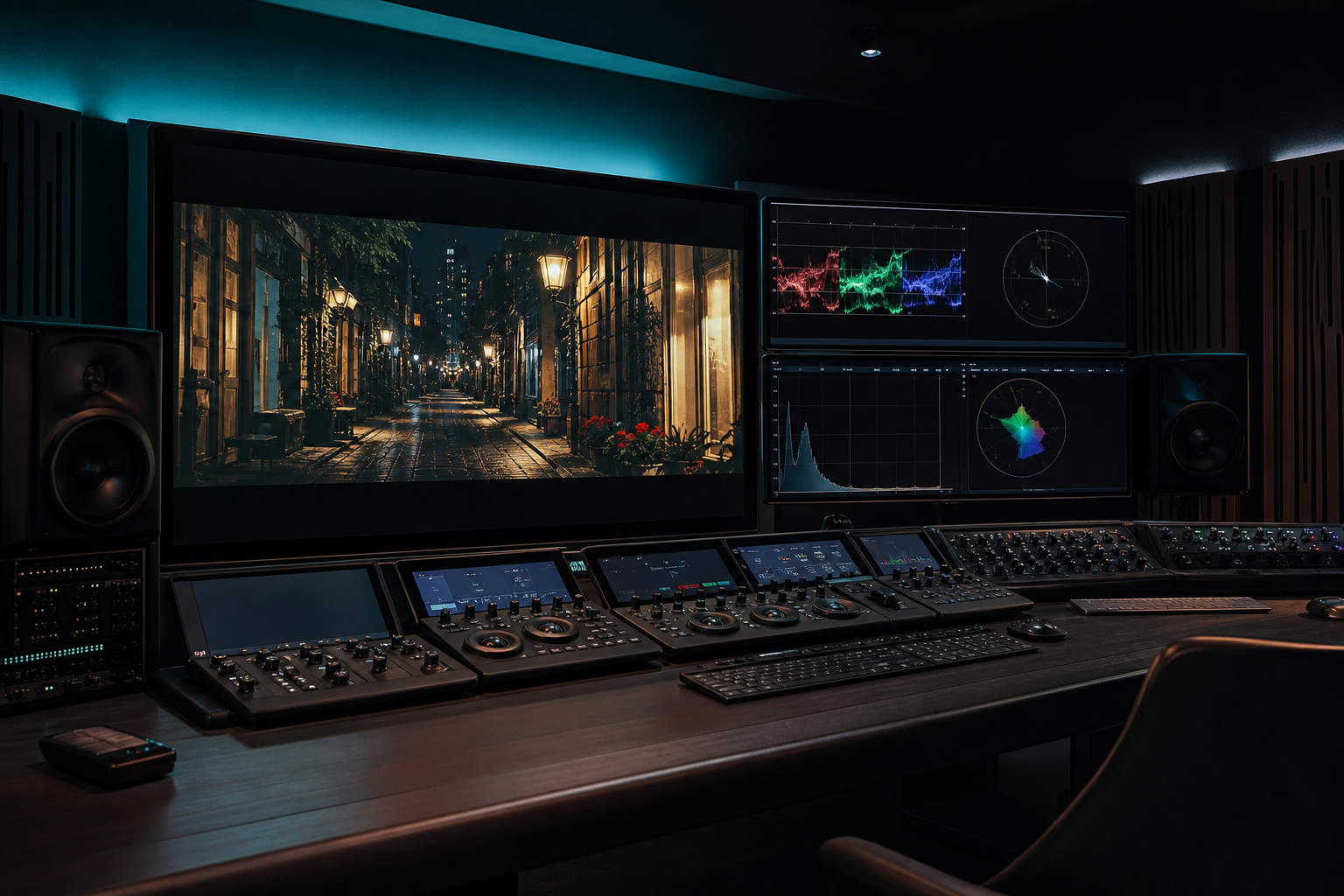 Suite di color grading con monitor e scope